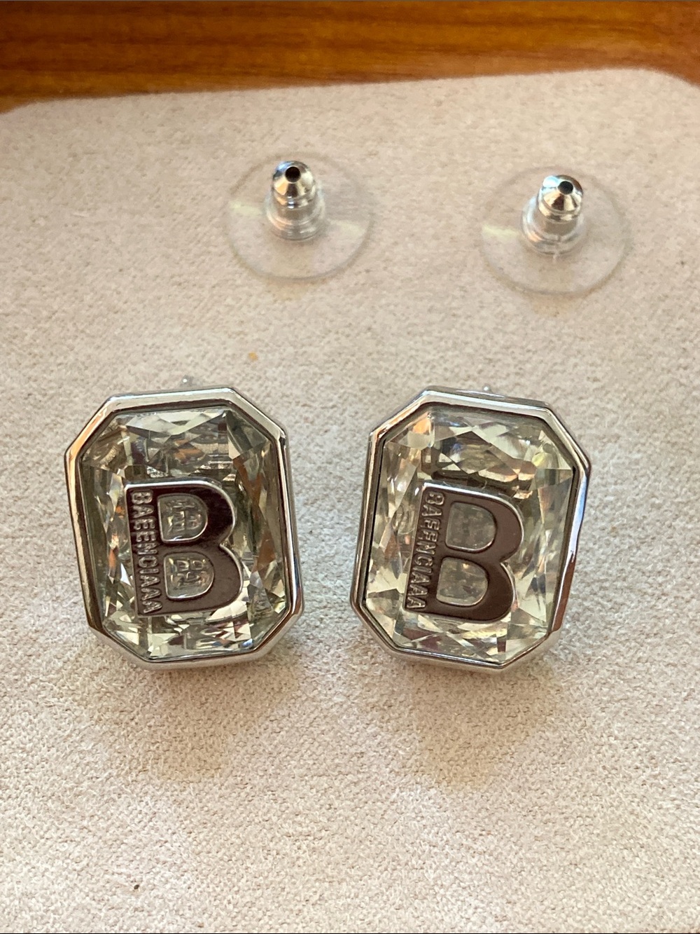 Balenciaga Silver 'B' Logo Octagon Stud Earrings - Picture 2 of 4